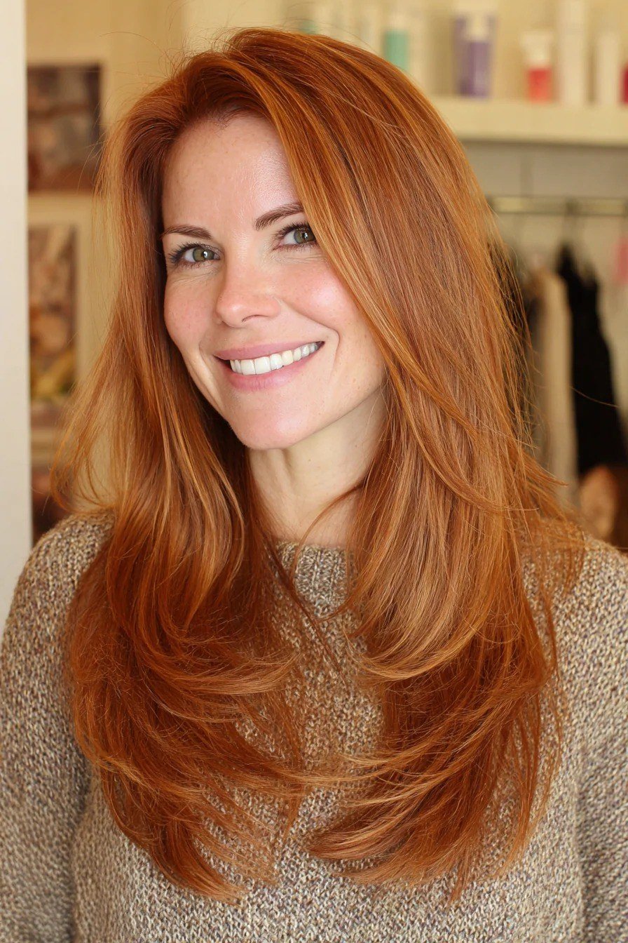 Long Straight Copper Red Layers - youthful hairstyle for women over 40