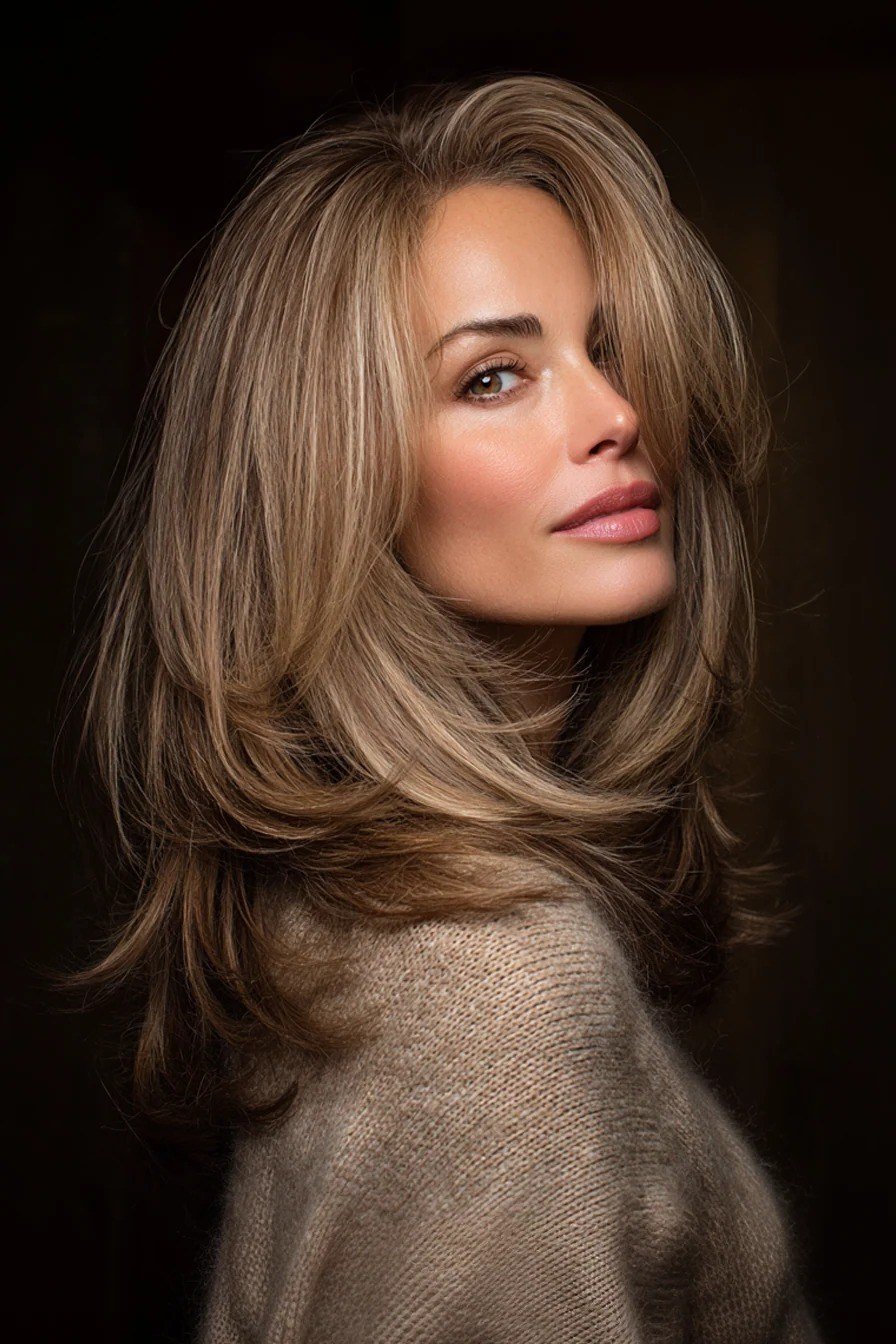 Glossy Dark Blonde Long Layers - youthful hairstyle for women over 40