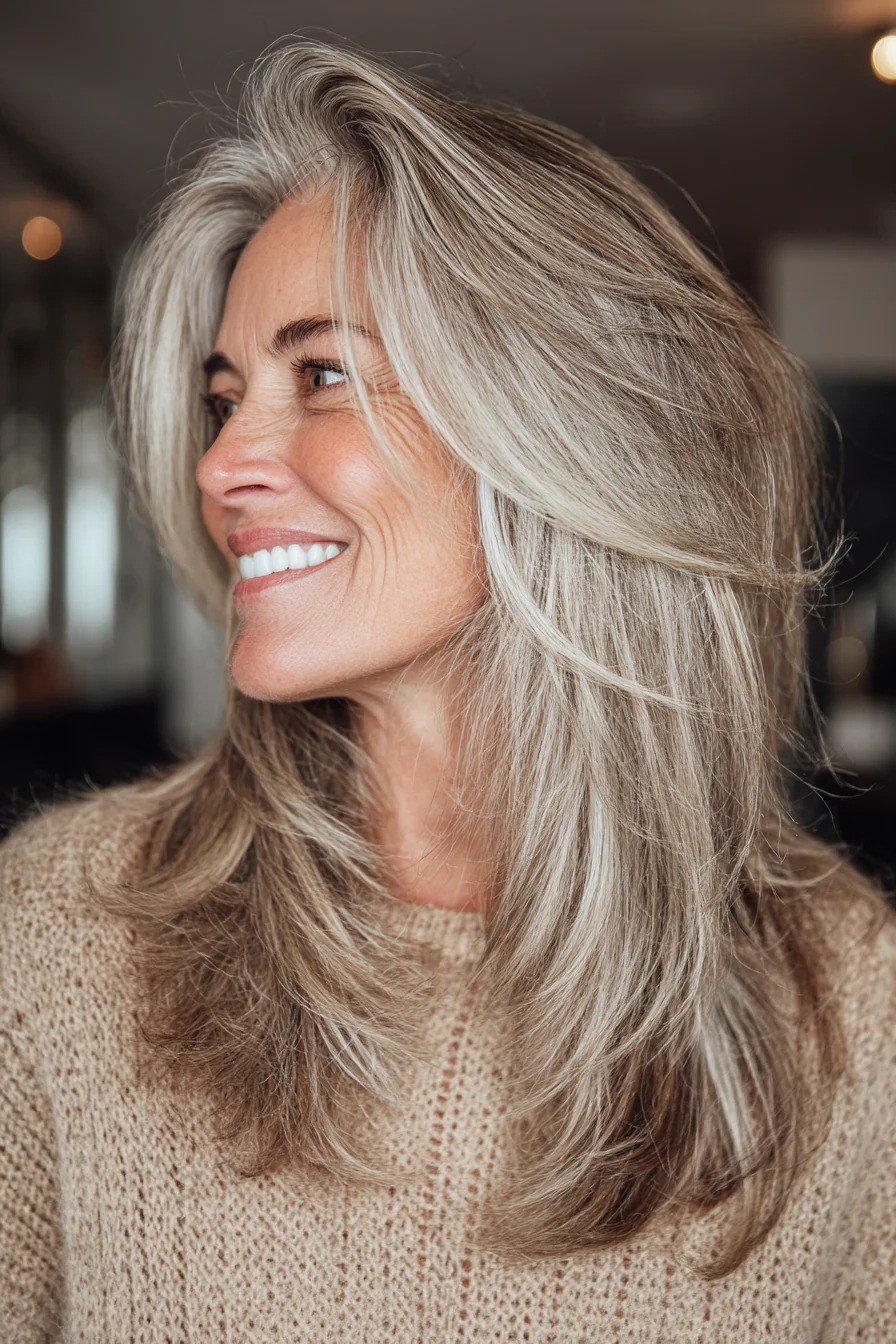 Long Silver Layered Blowout - youthful hairstyle for women over 40