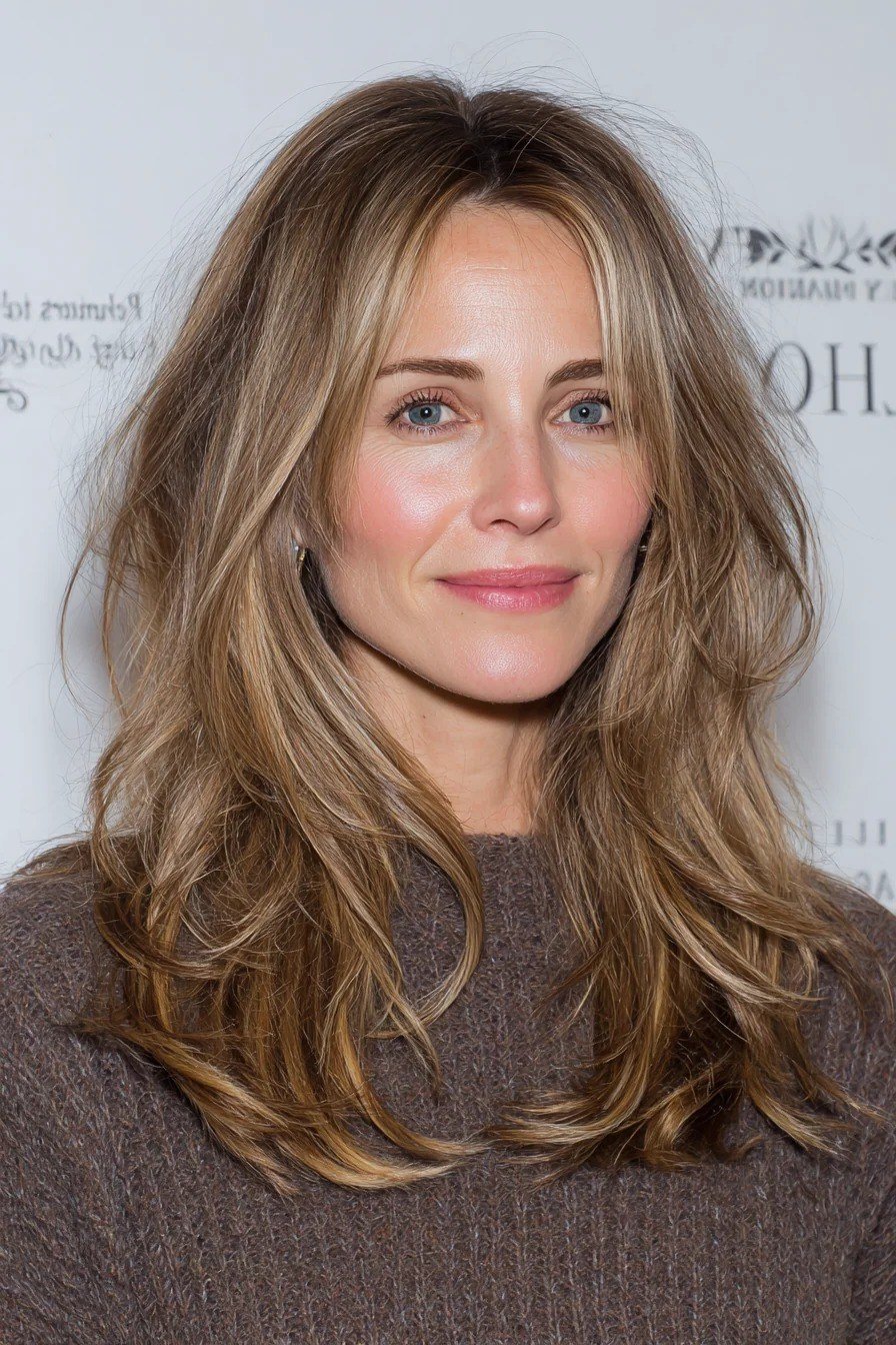 Long Light Brown Layers with Curtain Parting - youthful hairstyle for women over 40