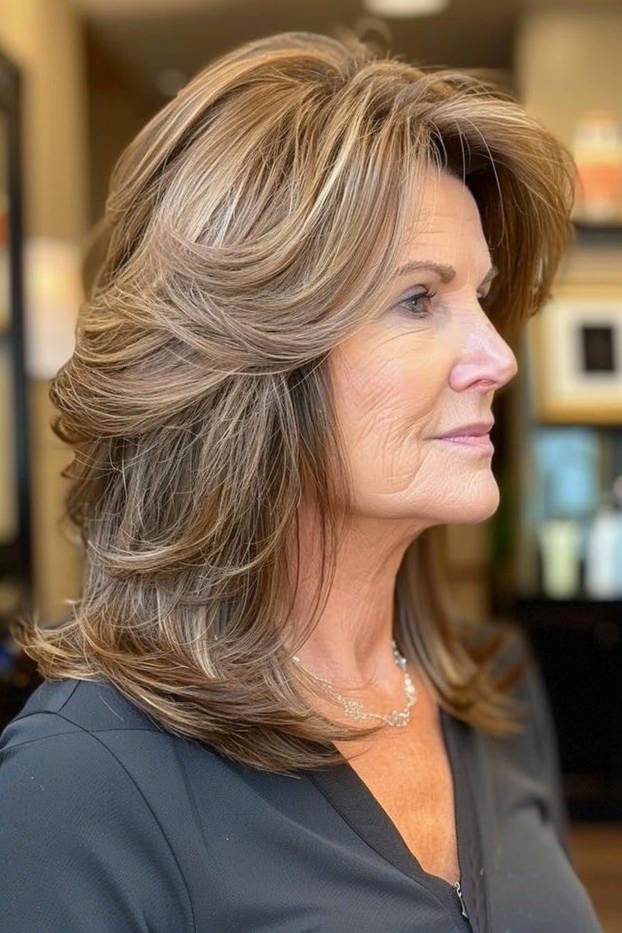 Long Shaggy Dark Blonde Layers with Balayage - youthful hairstyle for women over 40