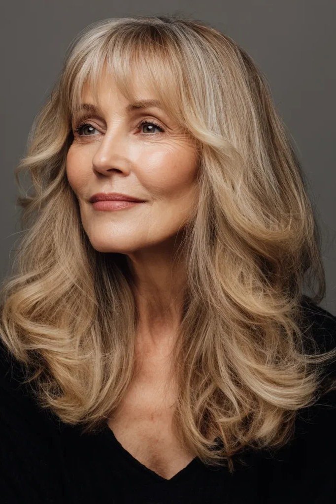 Long Honey Blonde Layers with Curtain Bangs - youthful hairstyle for women over 40