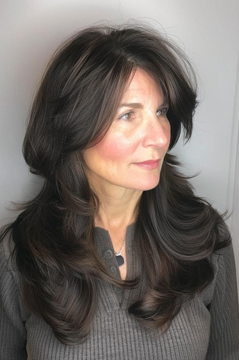 Long Glossy Dark Brunette Layers - youthful hairstyle for women over 40