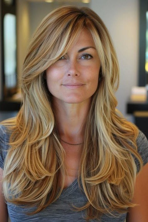 Long Blonde Layers with Center Part - youthful hairstyle for women over 40