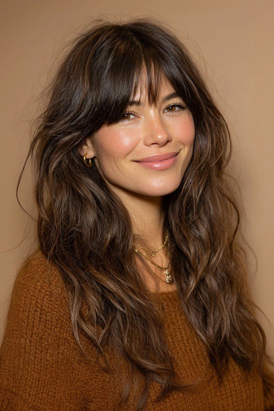 Long Wavy Dark Brown Layers with Volume - youthful hairstyle for women over 40