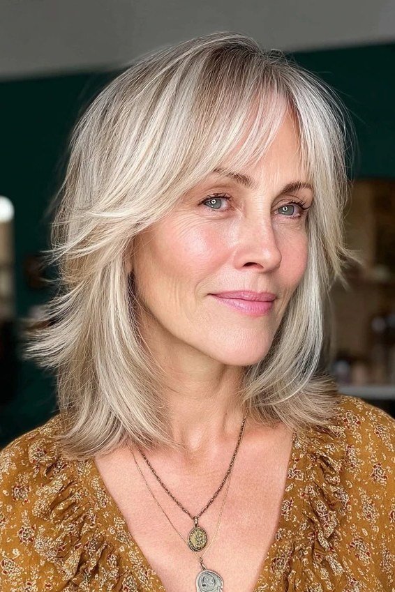 Silver Shaggy Lob with Tousled Layers - youthful hairstyle for women over 40