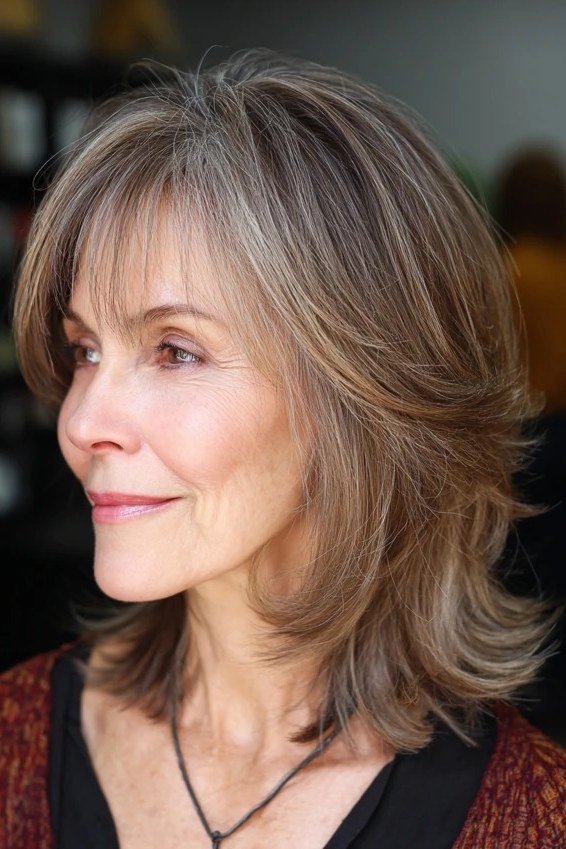 Gray Brown Layered Lob with Side Part - youthful hairstyle for women over 40