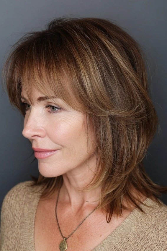 Warm Brown Shaggy Lob with Bangs - youthful hairstyle for women over 40