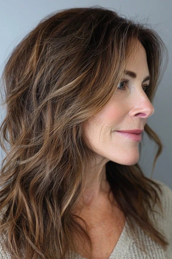 Long Brunette Waves with Natural Movement - youthful hairstyle for women over 40