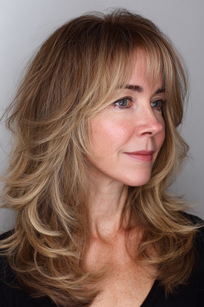 Long Light Brown Layers with Flipped Ends - youthful hairstyle for women over 40