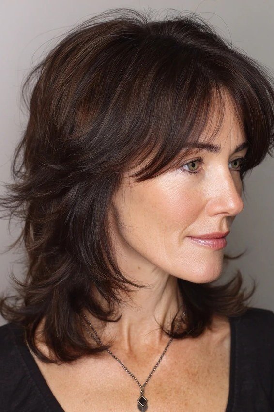 Dark Brown Shaggy Bob with Texture - youthful hairstyle for women over 40