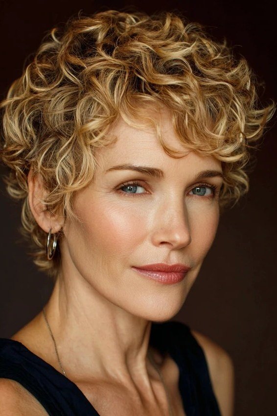 Blonde Curly Pixie with Bouncy Curls - youthful hairstyle for women over 40