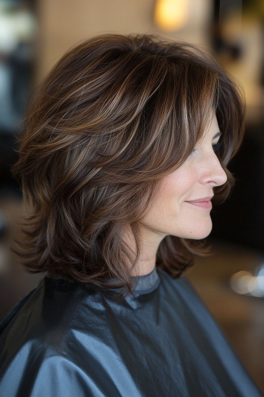 Glossy Brunette Wavy Bob with - youthful hairstyle for women over 40