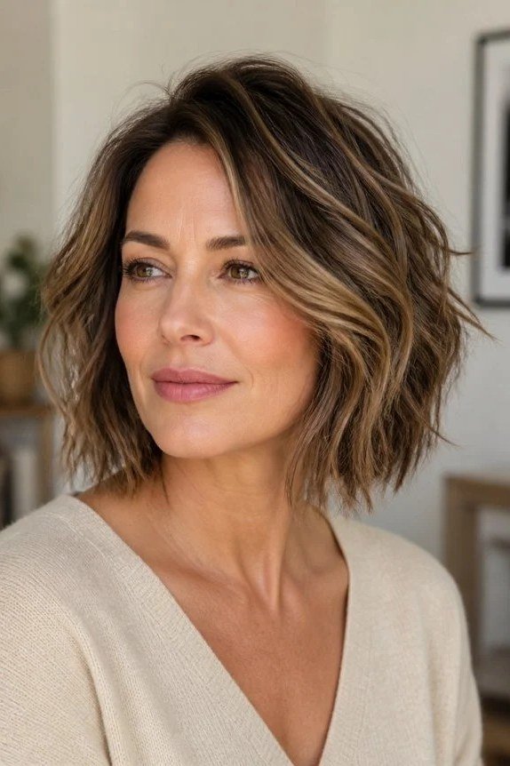 Highlighted Shaggy Bob with Caramel Dimension - youthful hairstyle for women over 40