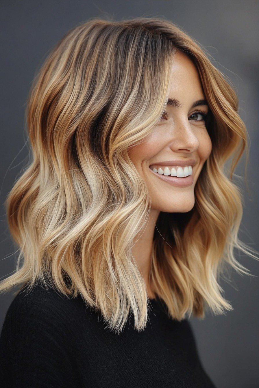 Blonde Balayage Lob with Sun Kissed Ends - youthful hairstyle for women over 40