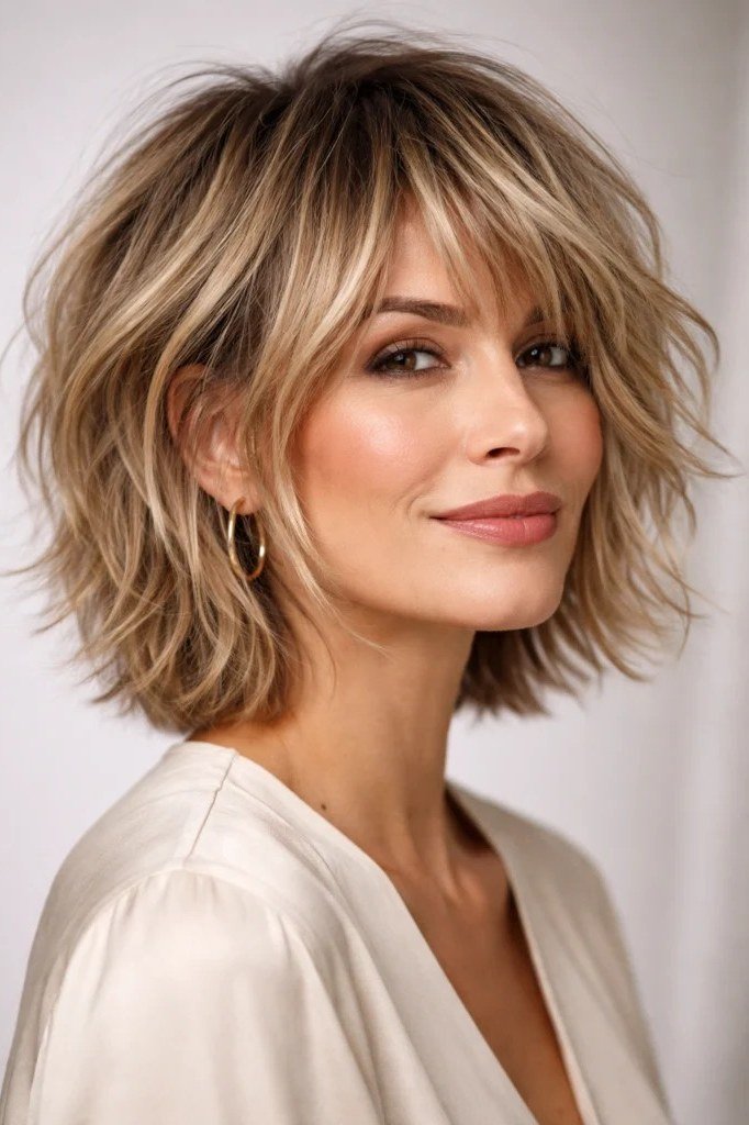 Blonde Shaggy Bob with Piecey Fringe - youthful hairstyle for women over 40