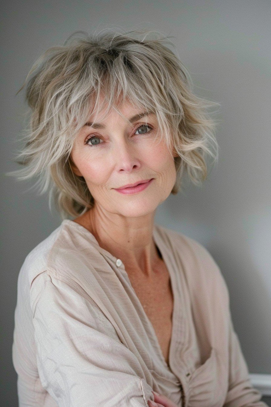 Silver-Gray Shaggy Bob, a short hairstyle for women over 50