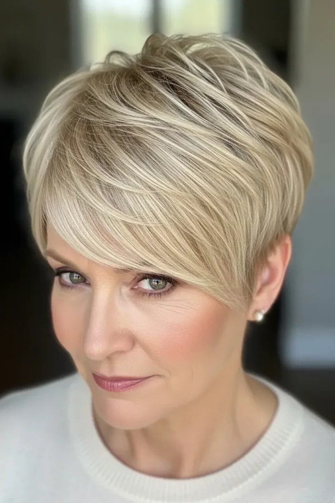 Blonde Pixie Bob, a short hairstyle for women over 50