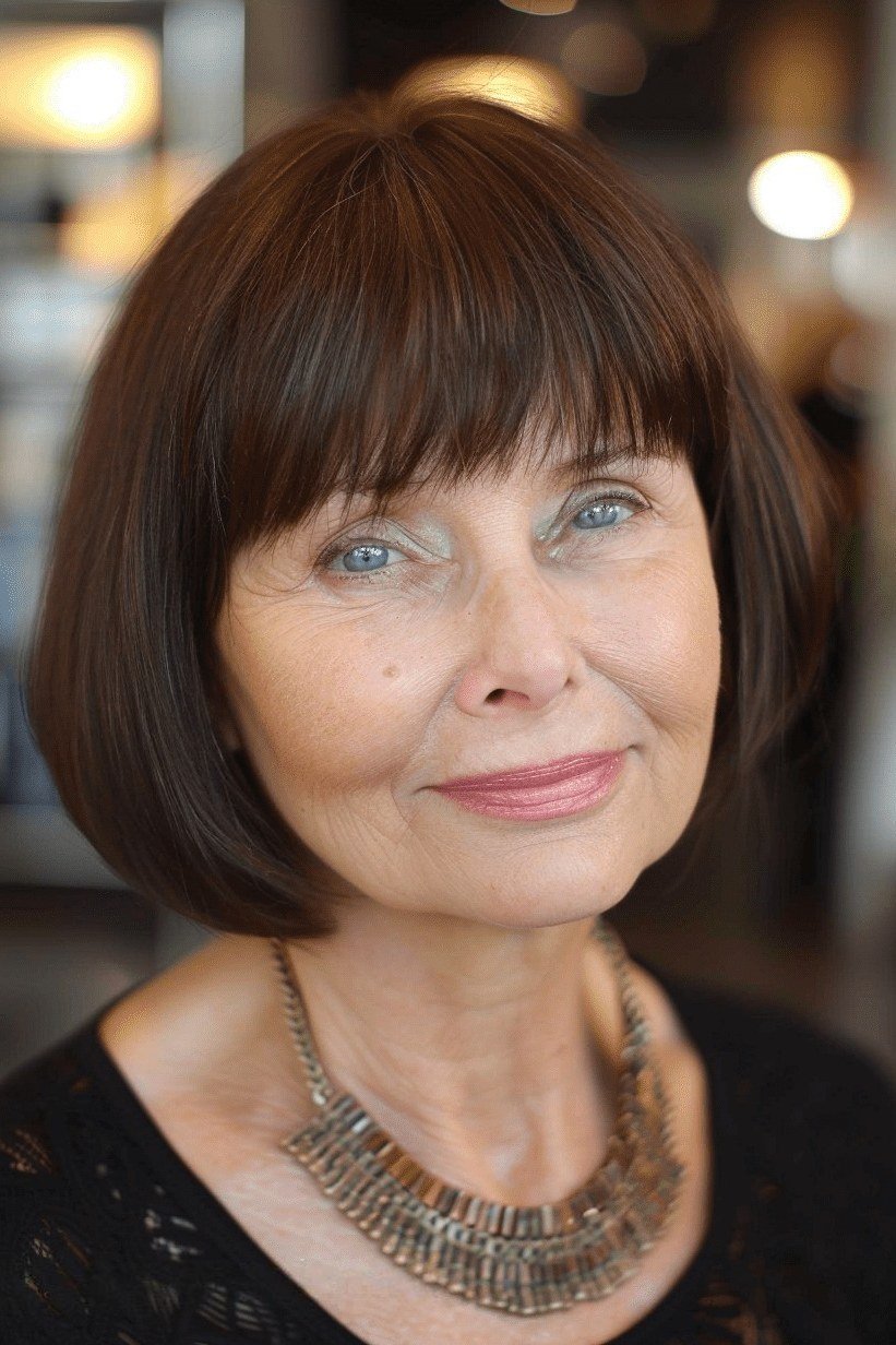 Dark Brown Bob with Bangs, a short hairstyle for women over 50